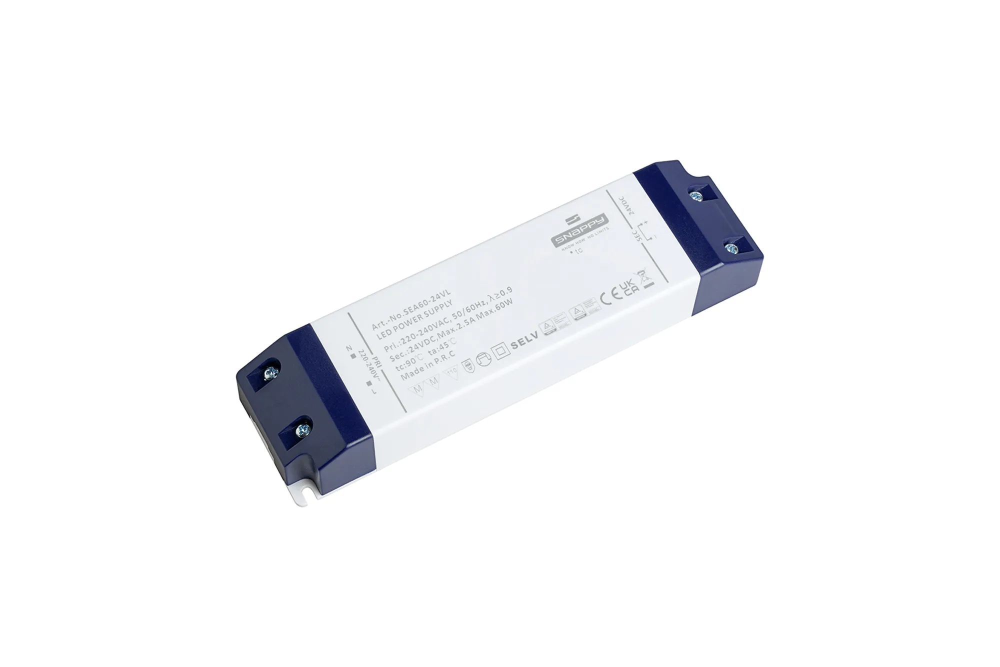 SEA60-24VL  SEA, 60W, Constant Voltage Non Dimmable PC LED Driver,24VDC, 2.5A, Pf>0.9, TC:+90°, TA:45°, IP20, Effi>85%, Screw Connection, 5yrs Warranty.